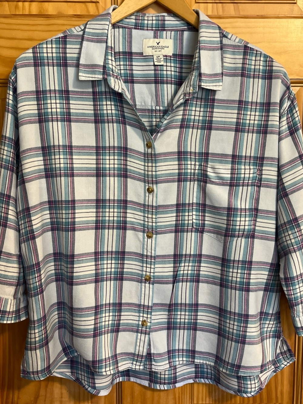 American Eagle Plaid Button Down Shirt S Cropped 3/4 Sleeves